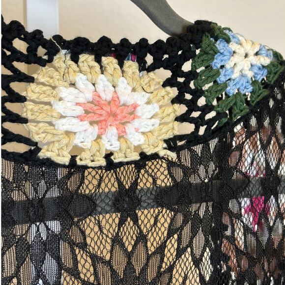 ASHA Womens Black Crochet Lace Fringe Boho Duster Kimono Festival Coverup NWOT - Picture 5 of 6